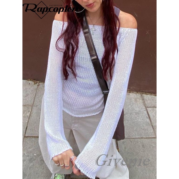 Áo Thun Dệt Kim Tay Dài Màu Sắc Xuyên Thấu Trễ Vai Thời Trang Dành Cho Nữ