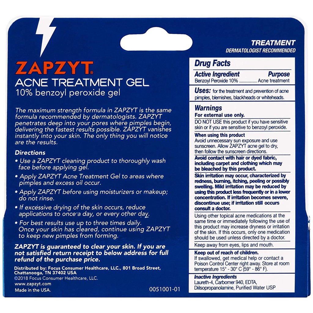 [BILL MỸ] Gel loại bỏ mụn Zapzyt Maximum Strength 10% Benzoyl Peroxide - Ance Gel chấm mụn