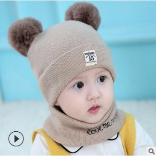 Sét Mũ Len 2 Quả Bông Kèm Khăn Ống Cho Bé 5 tháng đến 2 tuổi