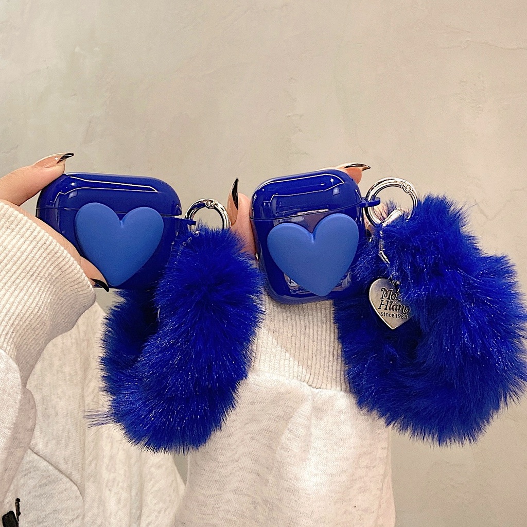 Vỏ bọc TPU mềm bảo vệ hộp sạc tai nghe bluetooth Airpods 1/2 pro gắn móc khóa hình trái tim phối bóng lông dễ thương