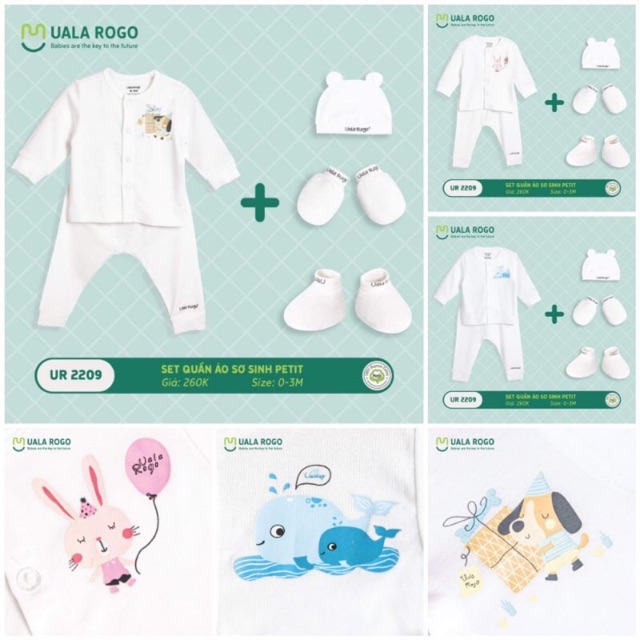 Set sơ sinh Ualarogo gồm quần áo nón bao tay chân cùng tông