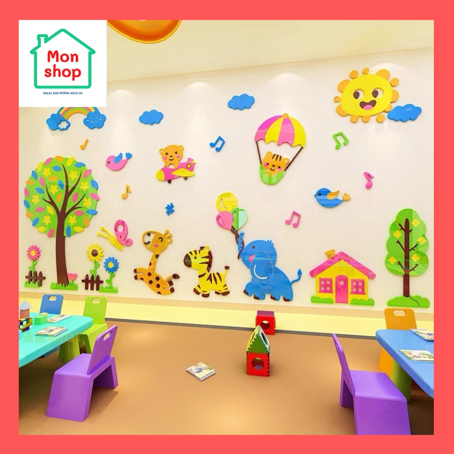Decal dán tường 3D chất liệu mica cao cấp hình các con vật ngộ nghĩnh trang trí phòng bé yêu, lớp học Tiếng Anh