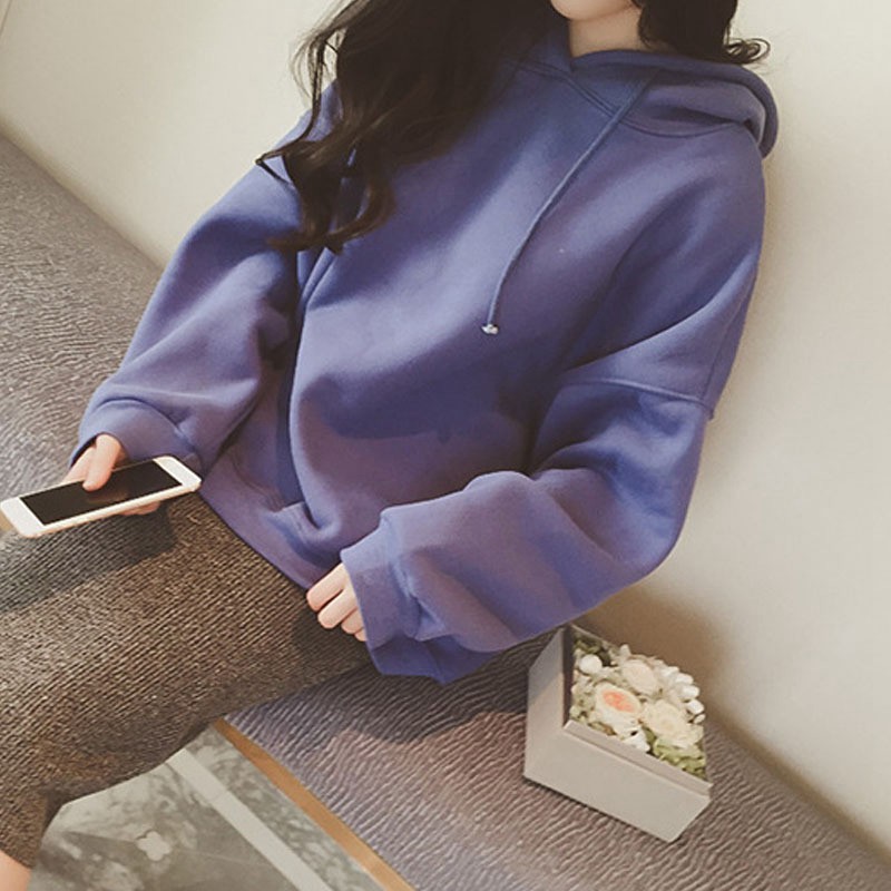 Áo Hoodies nữ tay dài màu trơn thiết kế dáng rộng thoải mái và thời trang