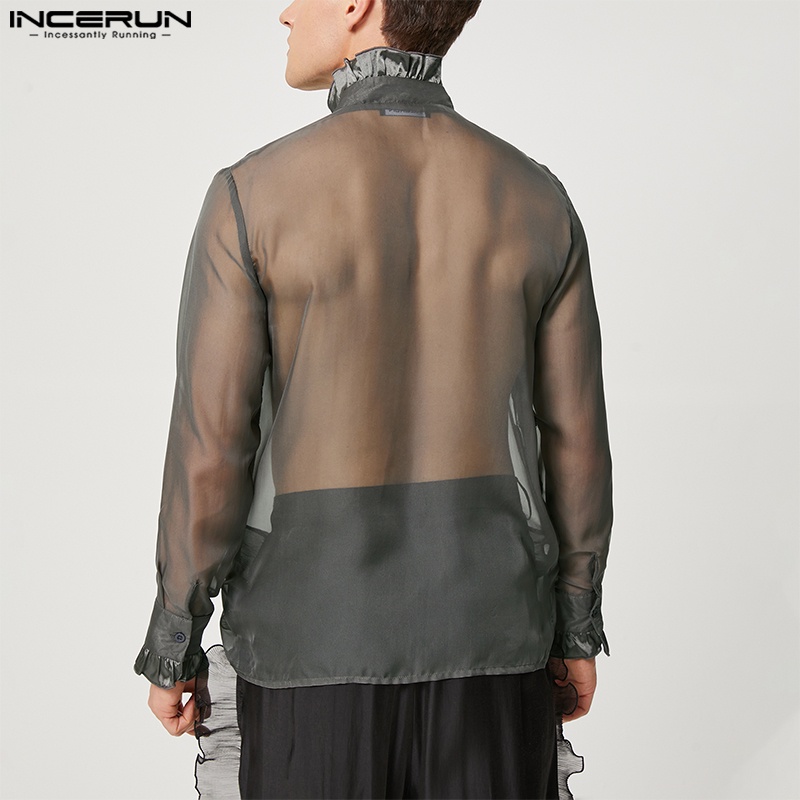 Incerun Áo Sơ Mi Flounce Henley Dài Tay Xuyên Thấu Thanh Lịch Phong Cách Anh Quốc Cho Nam