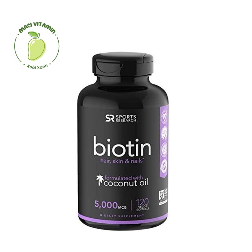 Viên Uống Biotin 5000mcg – Sports Research – Chiết Xuất Dầu Dừa Hữu Cơ - Hỗ Trợ Da Tóc Móng 120 viên