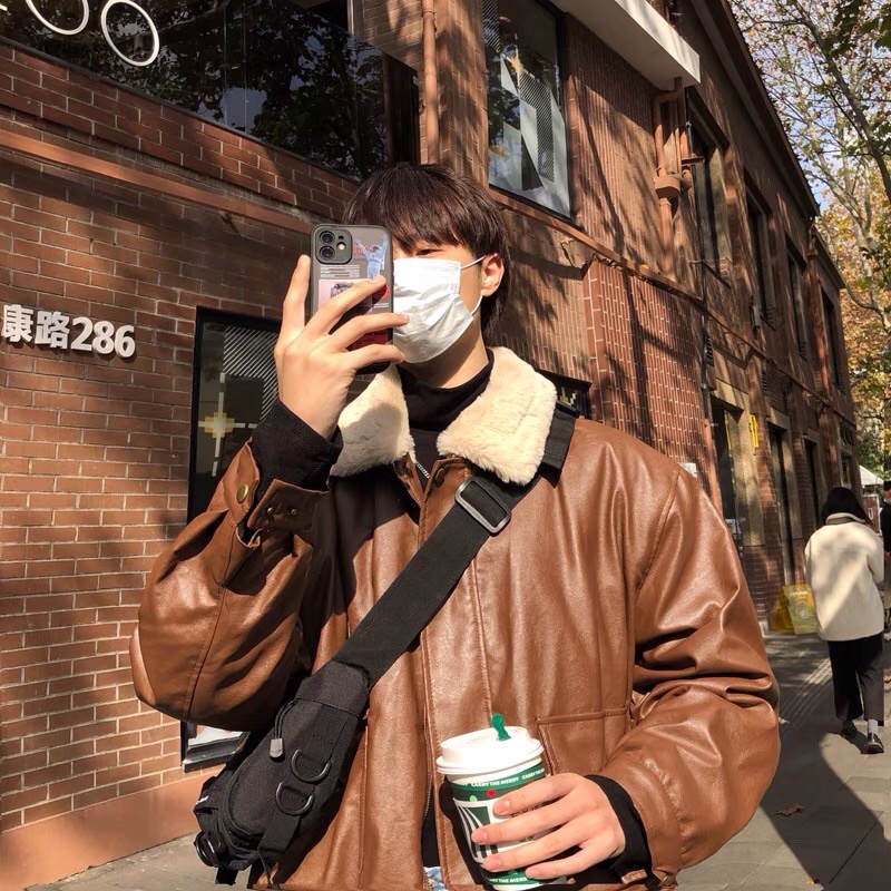 Áo khoác da lót lông thỏ dáng rộng màu đen và nâu Ulzzang siêu chất ❤️