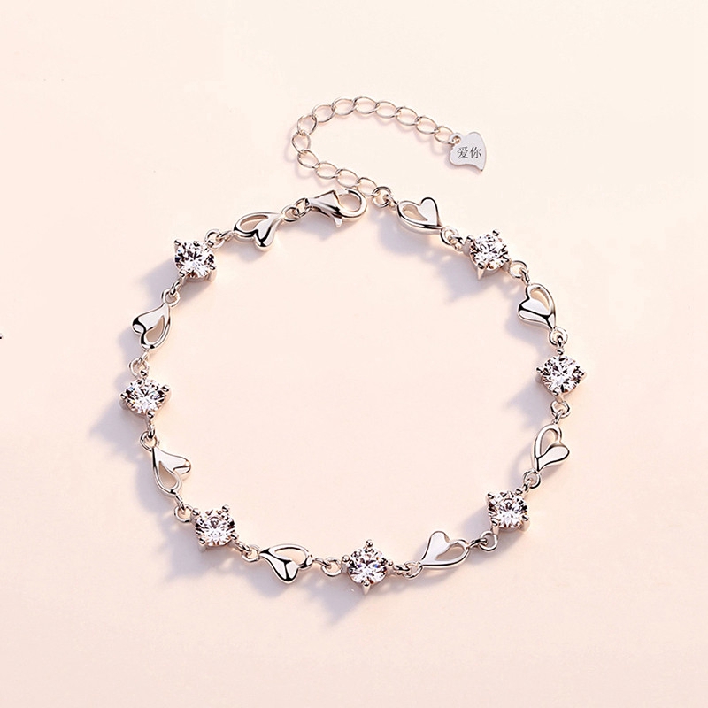 Crystal Blue Silver S925 Ladies Bracelet Simple Heart-shaped Heart-to-Heart Handheld