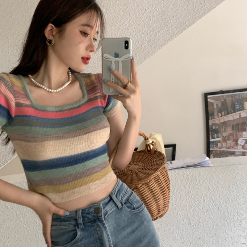 Porozi  Áo thun dệt kim ngắn tay  cổ vuông họa tiết kẻ sọc phong cách Hàn Quốc thời trang mùa hè cho nữ