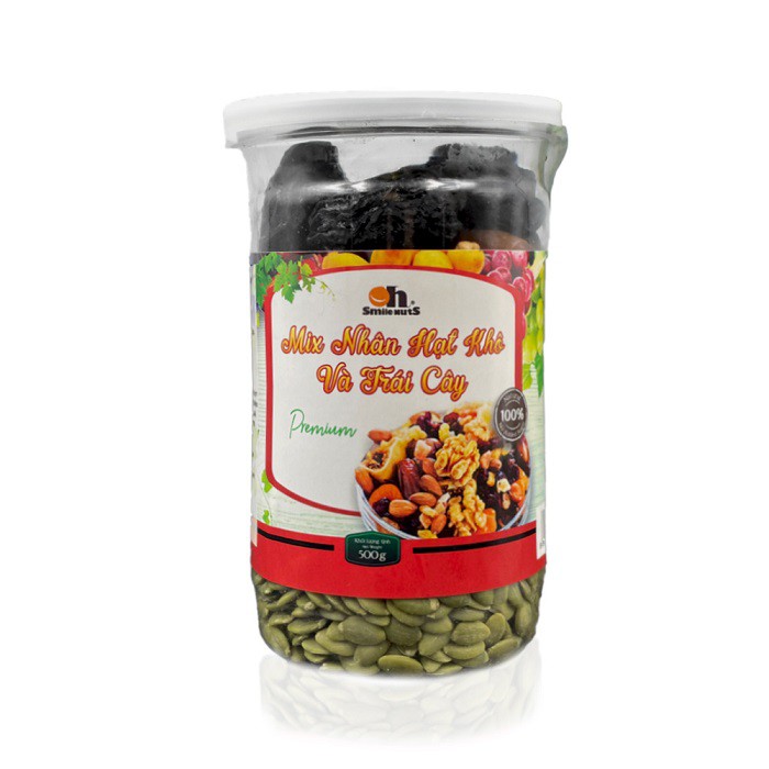 Mix Nhân Hạt Khô và Trái Cây Smile Nuts hộp 500g - (Nhân Óc Chó-Hạnh Nhân nướng-Nhân Bí Xanh-Chà Là-Nho 3 màu-Mận khô)