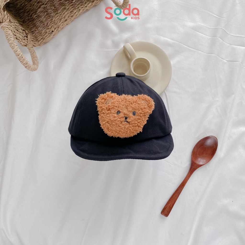 Mũ lưỡi mềm trơn đính gấu nâu dễ thương cho bé trai và bé gái 1-3y