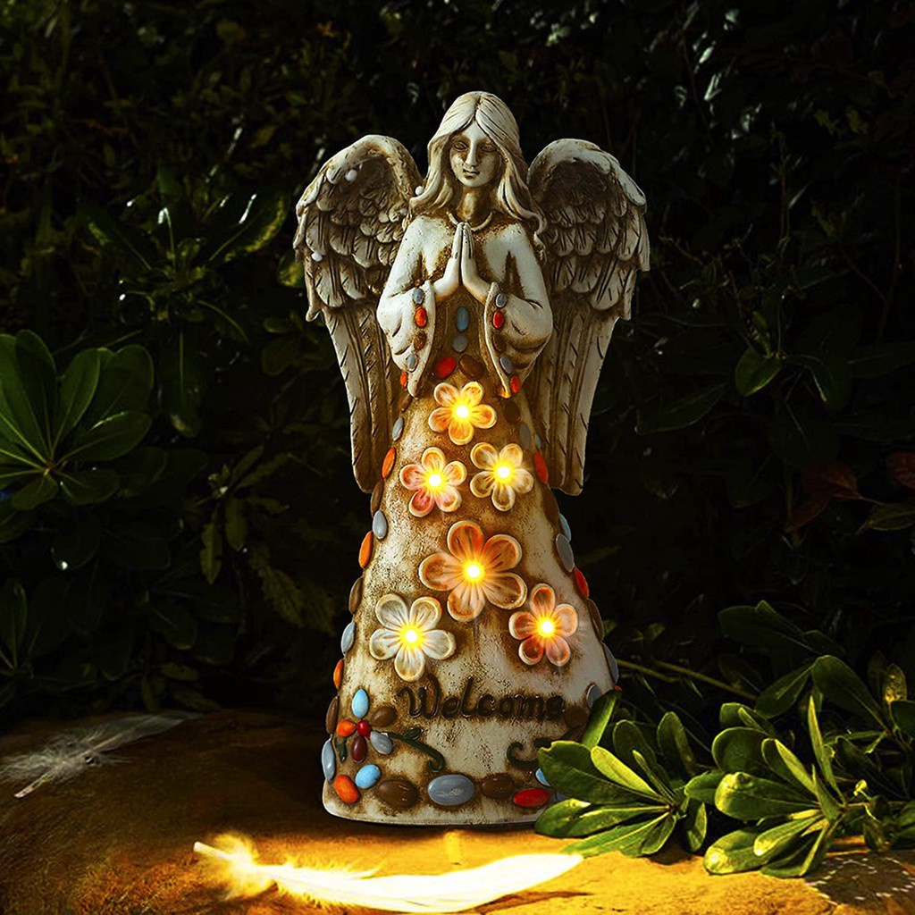 LUCKY Resin Solar Powerded Angel Garden Statue White Lights Figurine Outdoor Decor Yard/Lawn/Patio With 6 Warm LEDs Sculpture Memorial Gifts Porch Decoration