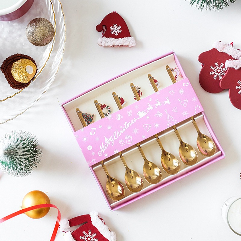 Set 6 Muỗng Nĩa Bằng Thép Không Gỉ Mạ Vàng / Bạc Trang Trí Bàn Ăn Cho Dịp Giáng Sinh / Tiệc Cưới / Giáng Sinh 2022