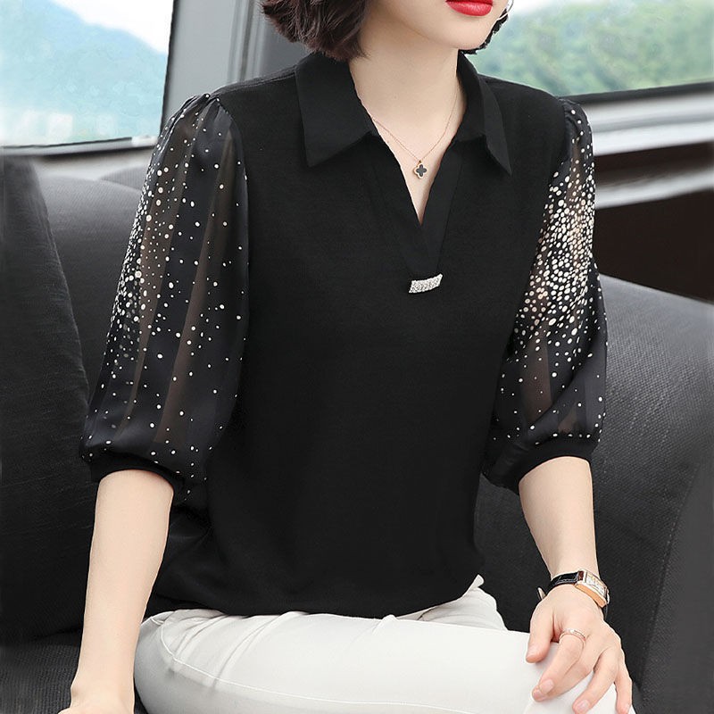 Đầu xuân của các bà mẹ trung niên trang phục mới 2021 Áo sơ mi voan tay ba phần tư, áo sơ mi nữ, áo lưới rời với tay áo | BigBuy360 - bigbuy360.vn