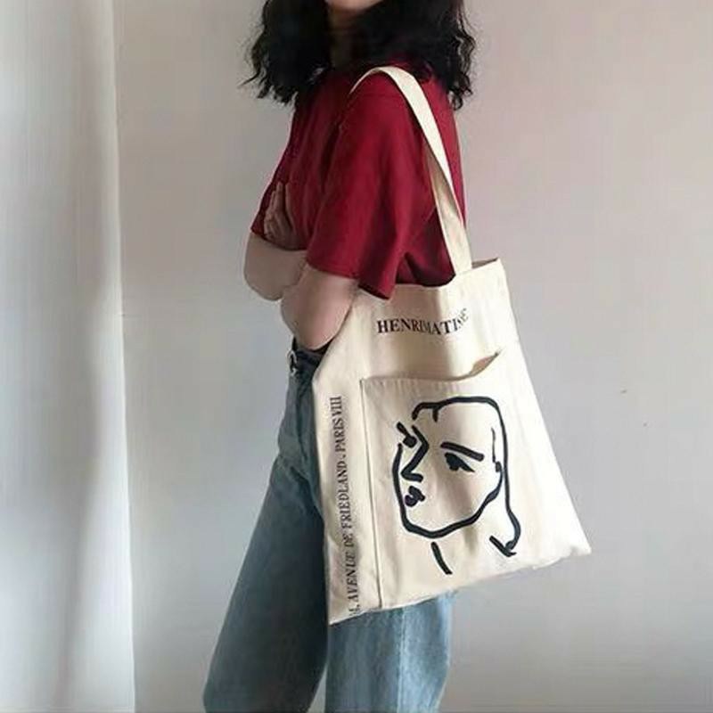 Túi tote vải bố đi học đi làm HERMAN có nút bấm miệng và ngăn phụ mang phong cách Hàn Quốc