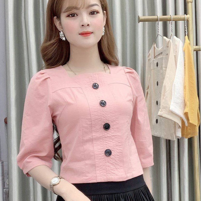 Áo Sơ Mi Nữ Kiểu Công Sở Cổ Chữ U Tay Lỡ Kiểu Hàn Màu Hồng Trắng Be vàng - Hanlly Fashion Thời Trang Nữ - AM26