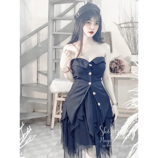 Set áo ống cúp ngực nhún thun sau và chân váy lưới nhọn alohashop91