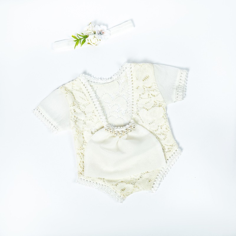 Set Áo Liền Quần Ren Và Băng Đô Chụp Ảnh Cho Bé Gái