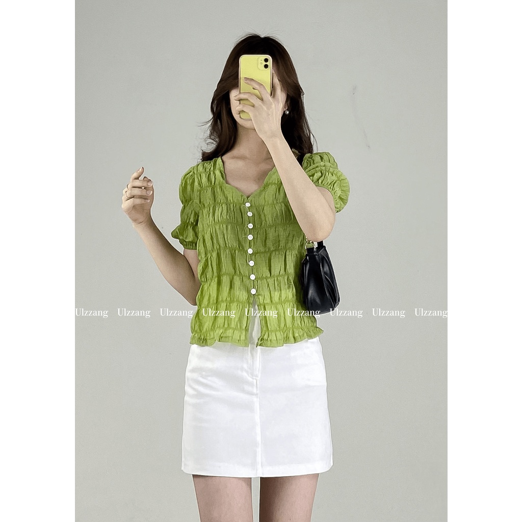 Áo cộc tay nữ phối cúc chất xốp nhăn AoxopcoV3002