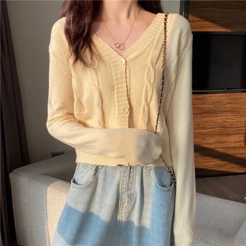 Áo Khoác Cardigan Dệt Kim Cổ Tim Xinh Xắn Cho Nữ Chất Len Tăm Phong Cách Ulzzang Hàn Quốc Nhiều Màu