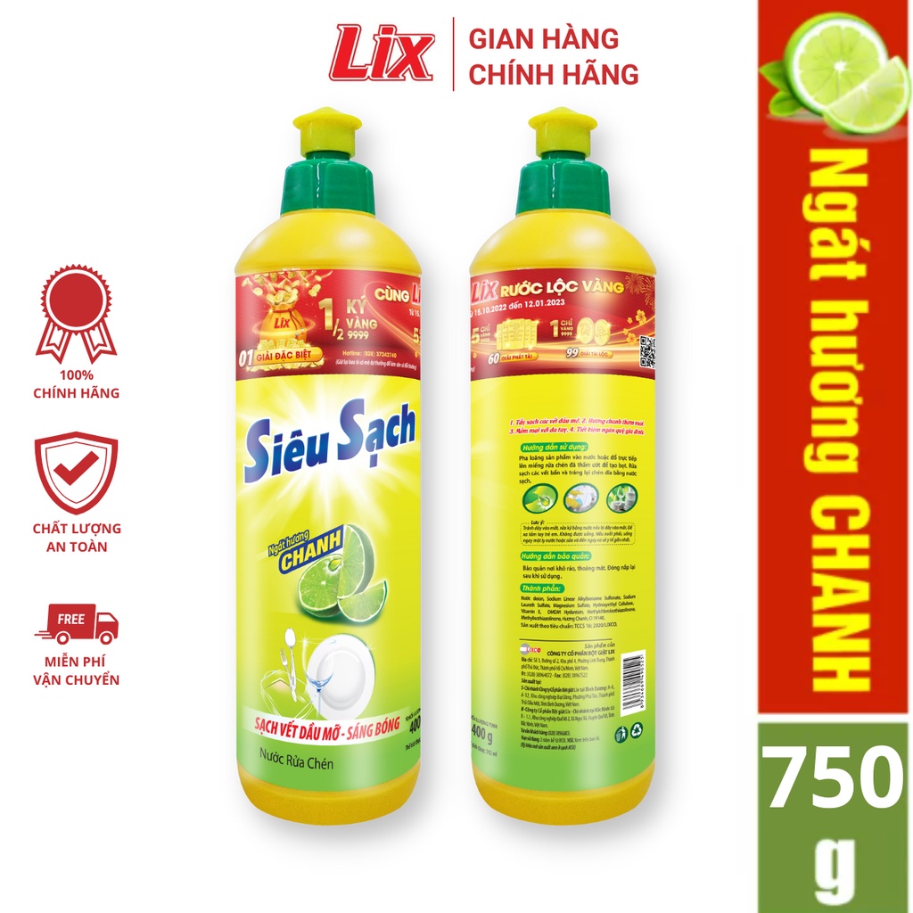 Nước rửa chén siêu sạch chanh 750gr NS750 sạch bóng viết dầu mỡ hương chanh thơm mát - Lixco Vietnam