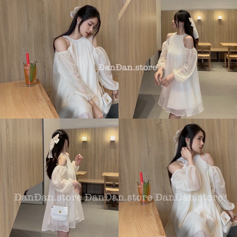 Váy yếm babydoll tay dài chất tơ lụa óng 2 lớp /Shyncloset