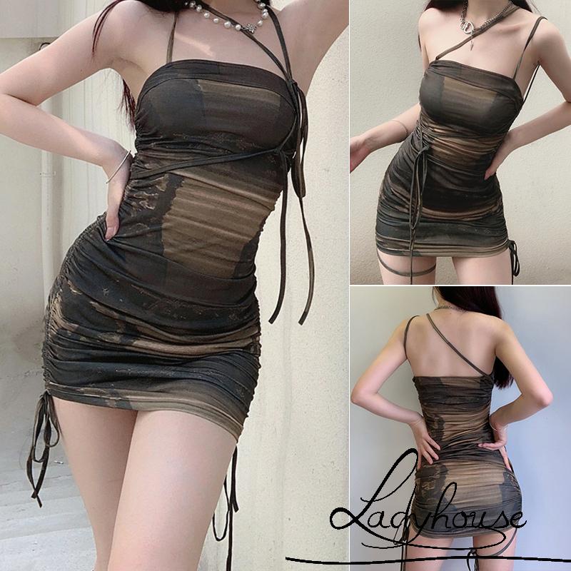 Ldd-Đầm dáng ôm hai dây phối màu nhuộm loan phong cách Hàn Quốc gợi cảm dành cho nữ