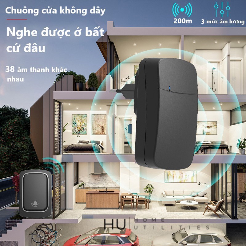 Chuông Cửa Không Dây Không Dùng Pin, Chuông Bấm Vĩnh Cửu Chống Nước Khoảng Cách 200m Báo Động Người Già - Home Utilities