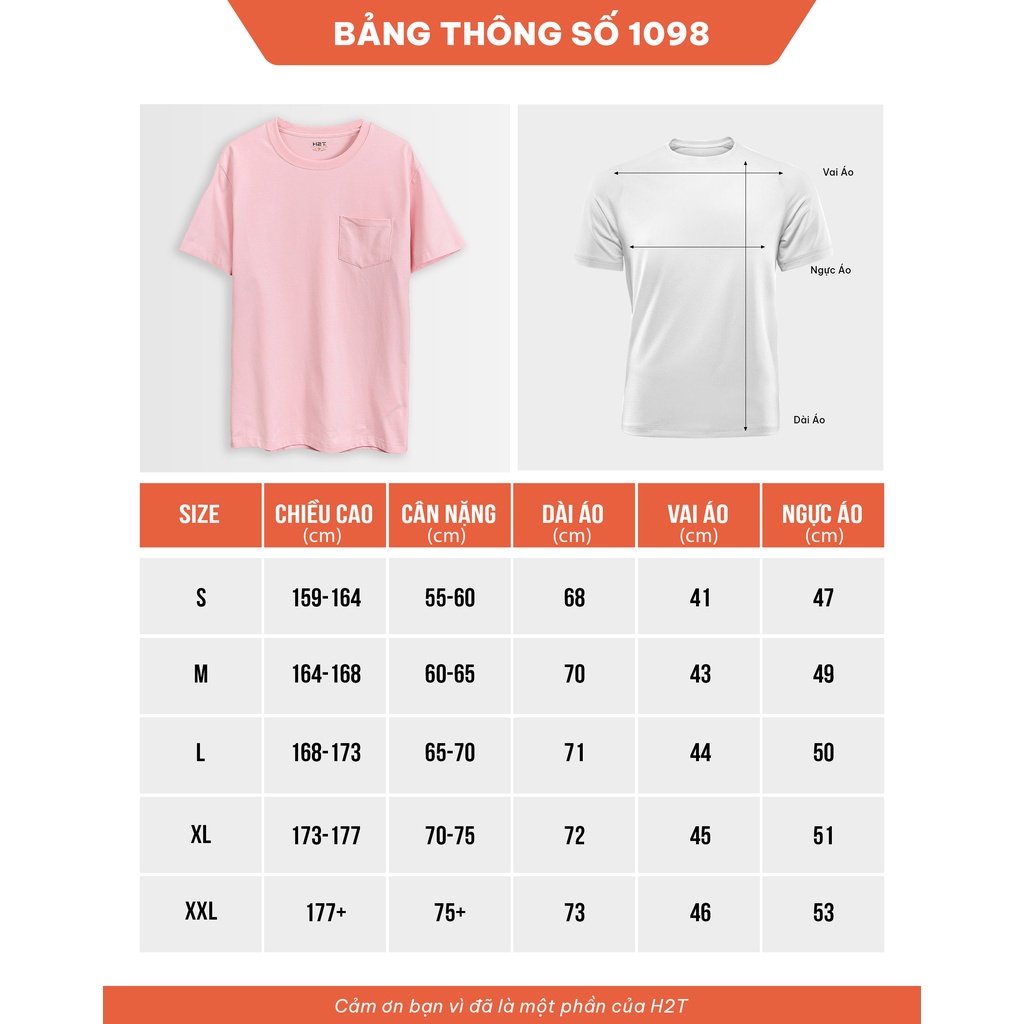Áo phông Nam H2T ngắn tay, cổ tròn, mẫu trơn, có túi, Form Dáng Slim Fit chất liệu cotton - Co giãn 4 chiều 1098