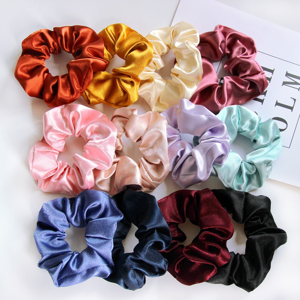 Dây cột tóc scrunchies lụa satin phi bóng sang chảnh nhiều màu video thật Aikimo SL1