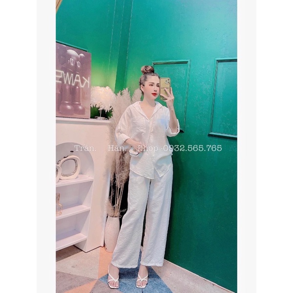 SET áo sơ mi quần ống rộng vải đũi màu trắng