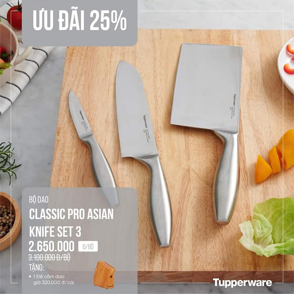 Bộ Dao Classic Pro Asian Knife Set 3 Tupperware Hàng chính hãng - Tặng kèm đế cắm dao