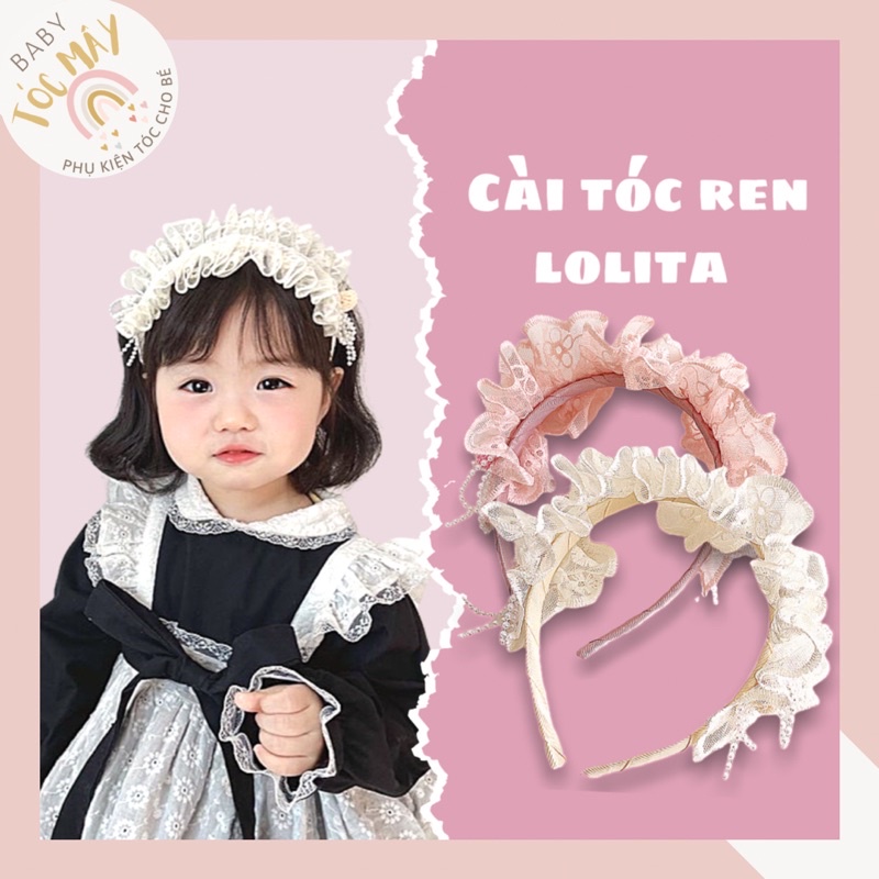 Băng đô cài tóc lolita tiểu thư phối ren và hạt ngọc cho bé gái 035