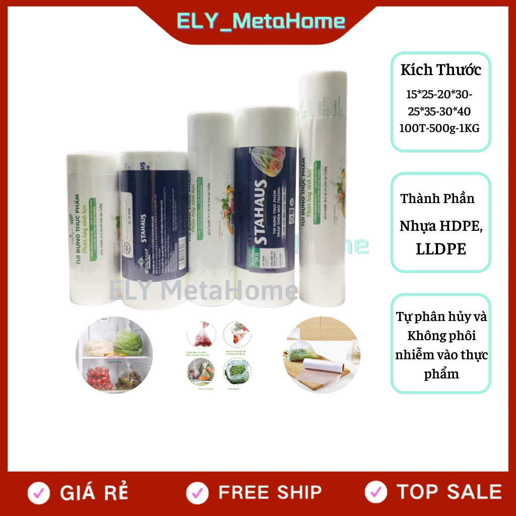 Túi đựng thực phẩm tự hủy sinh học siêu thị green eco KT 100 túi, 300g,500g,1kg.