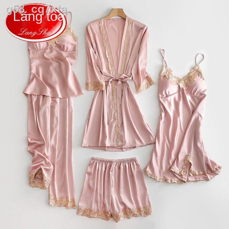 Langsha đồ ​​ngủ nữ mùa hè sexy năm mảnh lụa mỏng váy ngủ băng xuân và thu với đệm ngực KF