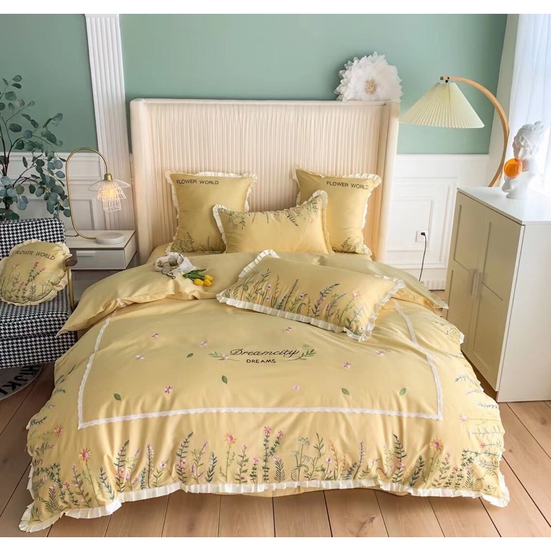 Bộ 4 món vỏ chăn ga gối Lụa Satin cao cấp vàng thêu hoa