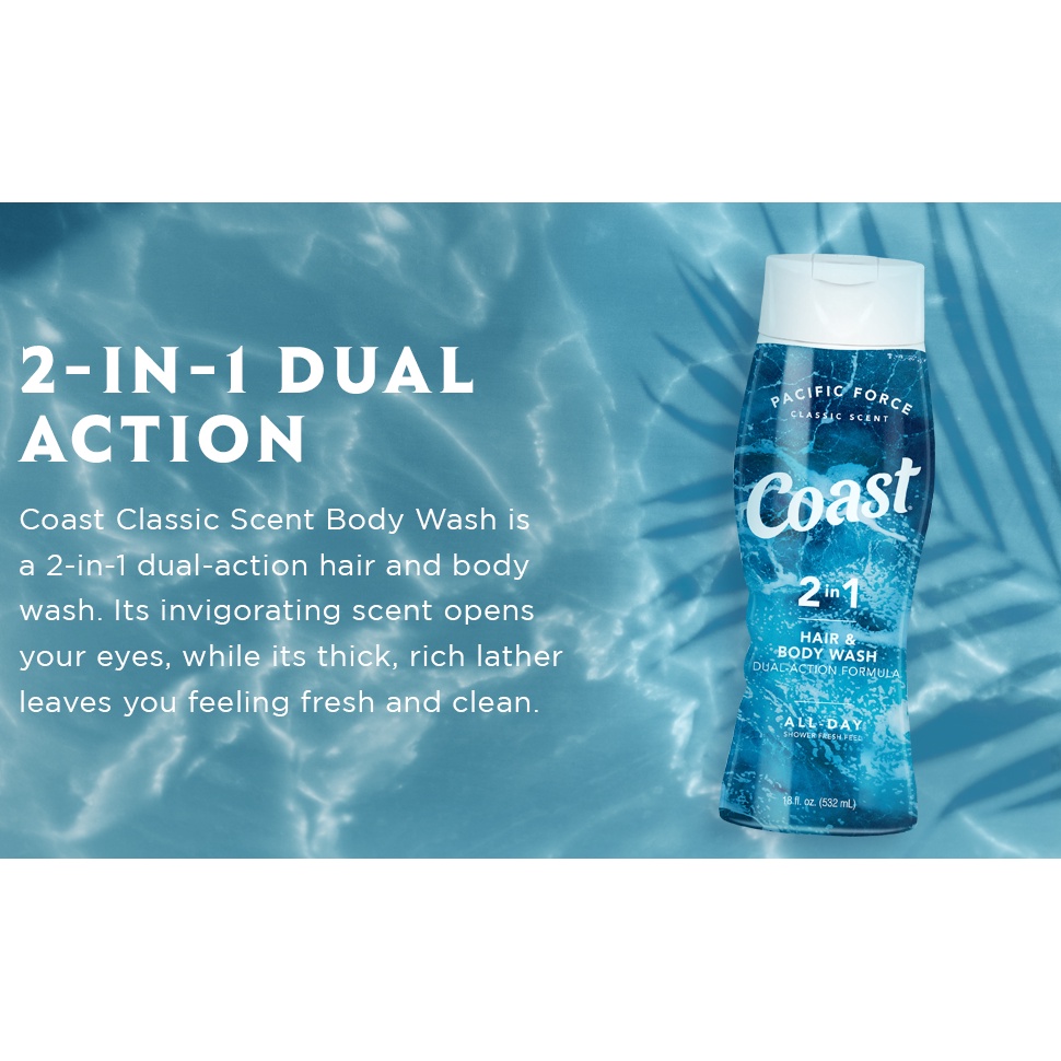 Dầu tắm dầu gội chung Coast Hair & Body Wash dành cho Nam lưu hương lâu không khô da Linh Giang chính hãng