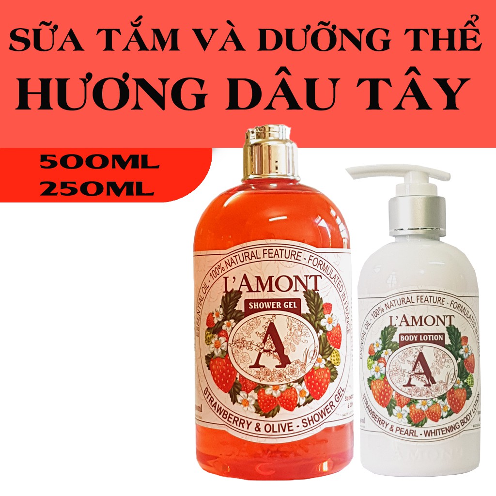 Combo Sữa Tắm và Sữa Dưỡng Thể LAmont En Provence Hương Dâu Tây 500ml và 250ml