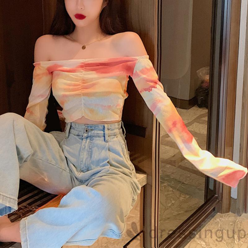 Áo Croptop Tay Dài Cổ Thuyền Màu Nhuộm Thời Trang Cho Nữ