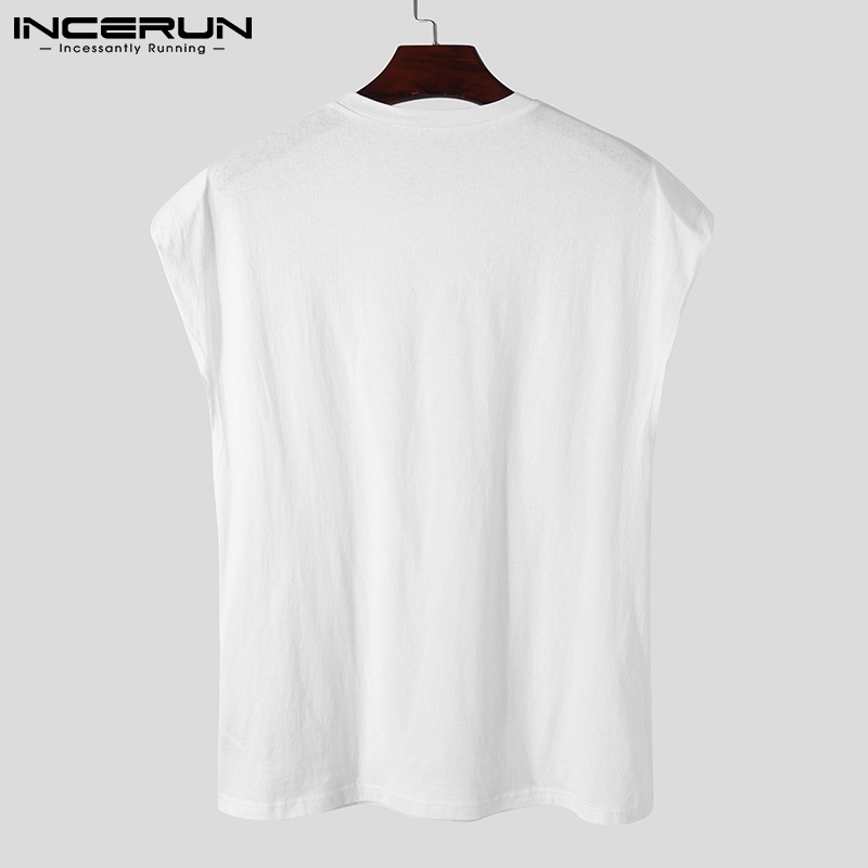 Áo sát nách INCERUN vải cotton dáng rộng cổ tròn màu trơn thời trang dành cho nam giới