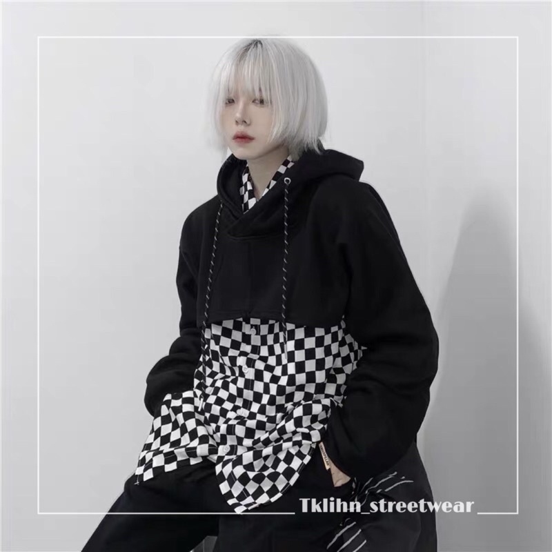 TKLIHN Set Áo HOODIE UNISEX croptop + áo sơ mi kẻ caro đen trắng ULZZANG HOT FASHIONITA 2021