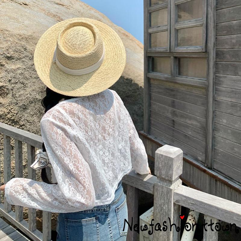 ღtwღWomen´s Summer Cardigan Jacket Solid Color Long Sleeves Strappy Sun Protection Cropped Lace Shirt