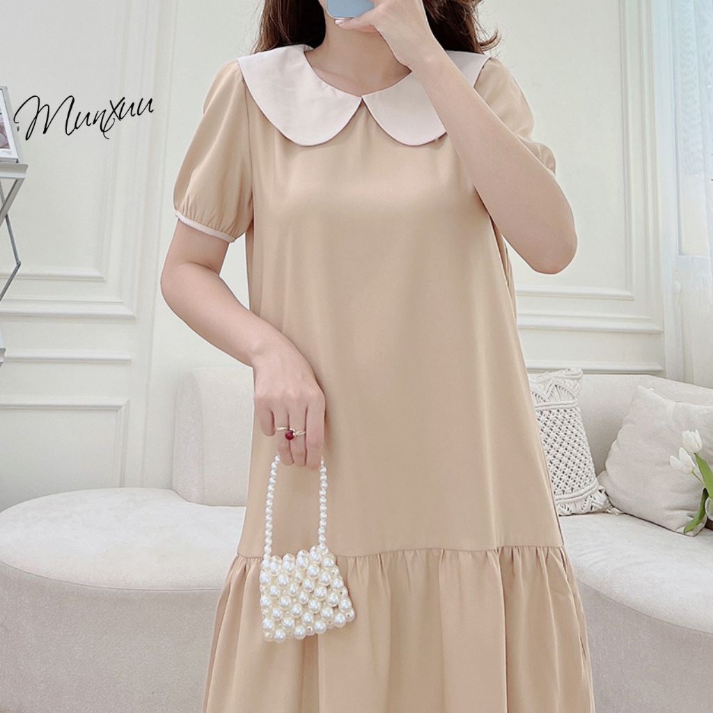 Đầm nữ babydoll MUNXUU hàng thiết kế tay ngắn cổ sen màu trơn dáng dài xòe nhẹ nhàng thanh lịch - V11
