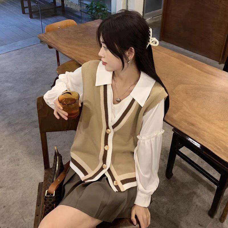 Áo gile, Áo gile len nữ màu nâu cài khuy viền sọc năng động ulzzang Hàn Quốc 2021 order Taobao