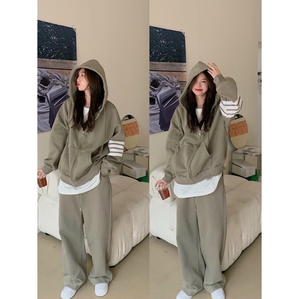 Bộ đồ 3 sọc nam nữ , áo hoodie có mũ mix quần ống rộng chất nỉ ngoại , phom rộng phong cách hàn quốc ulzzang , free size
