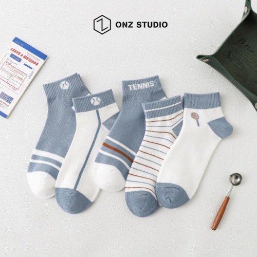 Set vớ cotton ONZ Studio hoạ tiết tennis - Set 5 tất chân unisex cổ ngắn co giãn thoáng khí thấm hút mồ hôi TA08