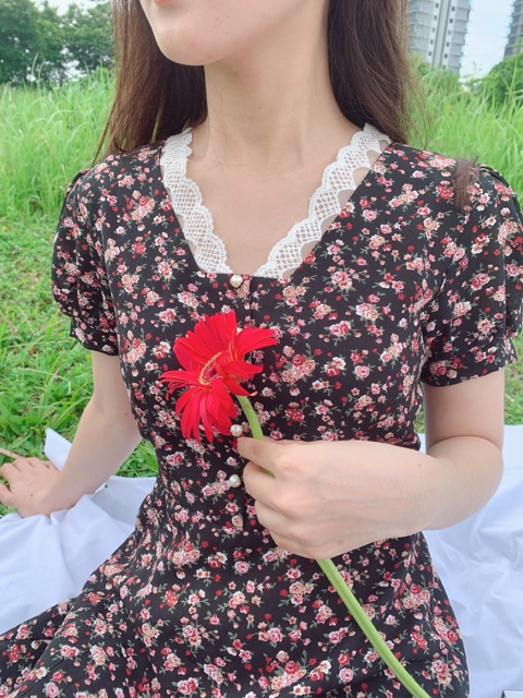 Váy hoa cổ phối ren Katy ( hai màu tím/đen)