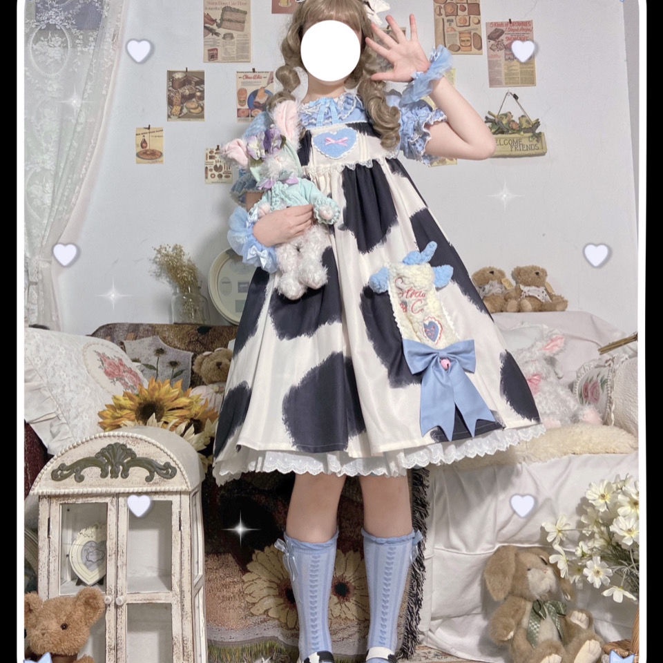 ♛❂Cacao chính hãng bò mô hình in bánh sữa nhỏ váy lolita váy jsk dây treo