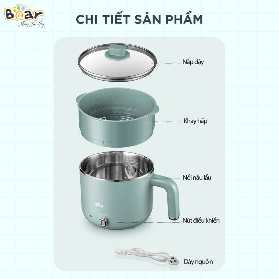 Nồi lẩu mini đa năng 2 tầng Bear DRG-D12M5, Ca nấu lẩu mini gia đình, 3 lớp cách nhiệt, Công nghệ giữ nhiệt kép,Bh 18t