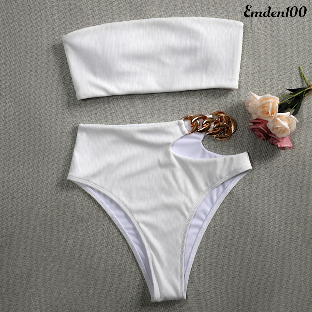 Bộ Bikini 2 Mảnh Lưng Cao Không Dây Phối Dây Xích Quyến Rũ Cho Nữ