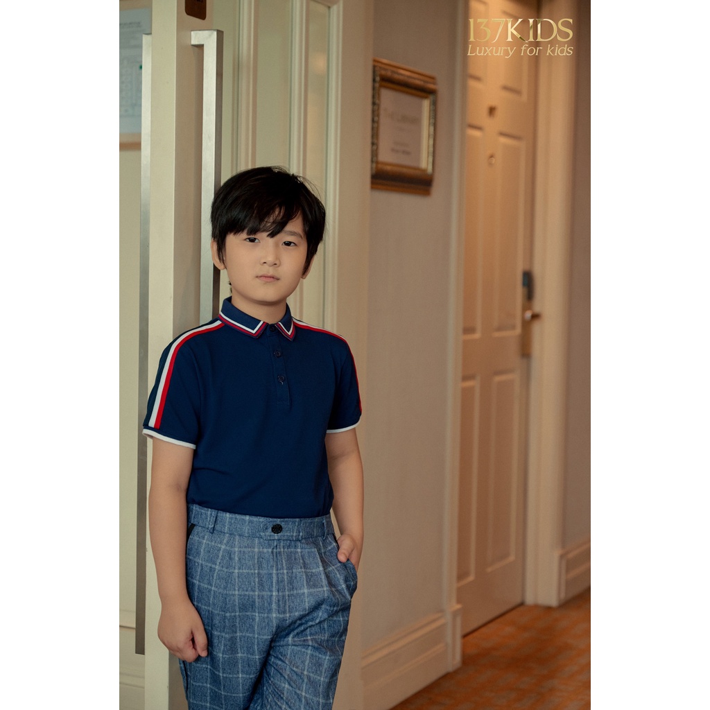 Áo polo cộc tay xanh sọc vai thiết kế 137Kids chất cotton thoáng mát cho bé trai